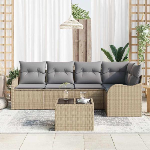 6-teiliges Garten Sofa Set mit Kissen Schwarz Poly-Rattan, 2-Sitzer Garten Sofa mit Stauraum & Kissen Beige Poly-Rattan