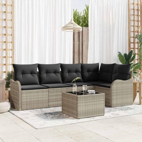 ARDEBO.de - 6-teiliges Garten-Sofa-Set mit Kissen Grau Poly-Rattan, 2-Sitzer Garten-Sofa mit Stauraum & Kissen Hellgrau Poly-Rattan