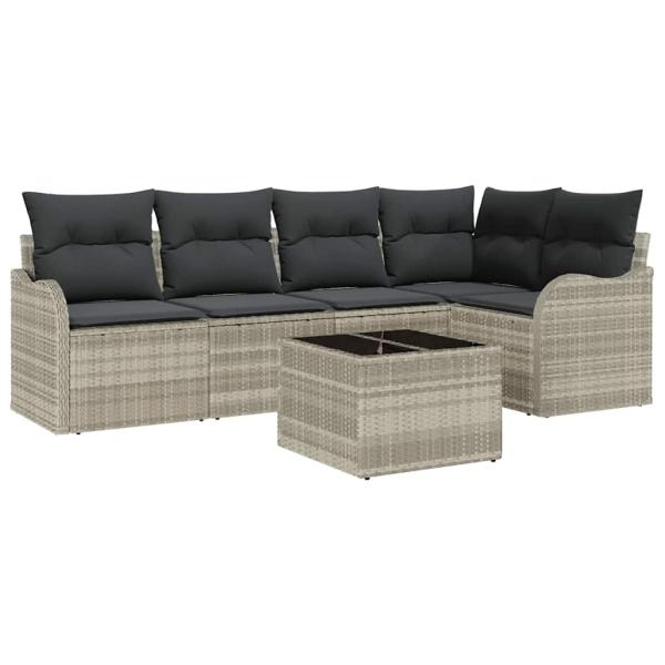 6-teiliges Garten-Sofa-Set mit Kissen Grau Poly-Rattan, 2-Sitzer Garten-Sofa mit Stauraum & Kissen Hellgrau Poly-Rattan