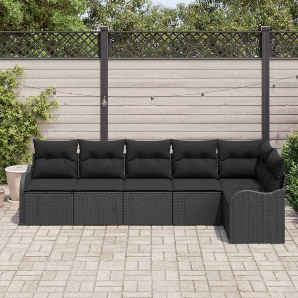6-teiliges Garten Sofa Set mit Kissen Schwarz Poly-Rattan, 2-Sitzer Garten Sofa mit Stauraum & Kissen Schwarz Poly-Rattan