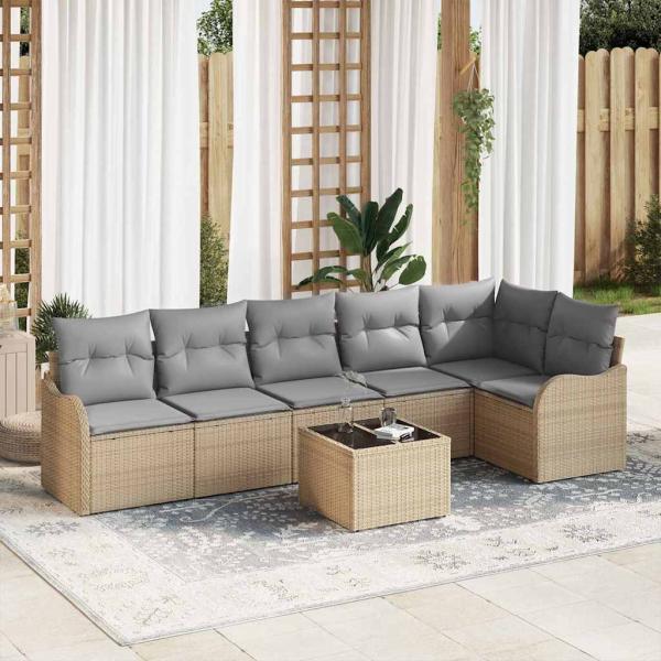 ARDEBO.de - 7-teiliges Garten Sofa Set mit Kissen Schwarz Poly Rattan, 2-Sitzer Garten Sofa mit Stauraum & Kissen Beige Poly Rattan
