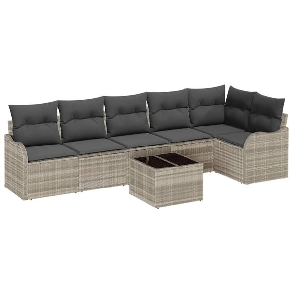 7-teiliges Garten-Sofa-Set mit Kissen Graues Poly Rattan, 2-Sitzer Garten-Sofa mit Stauraum und Kissen Hellgraues Poly Rattan