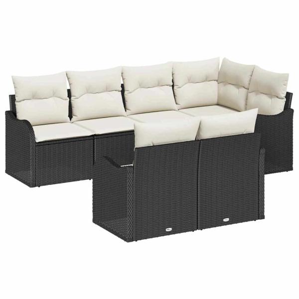 7-teiliges Garten Sofa Set mit Kissen Schwarz Poly Rattan, 2-Sitzer Garten Sofa mit Stauraum & Kissen Schwarz Poly Rattan