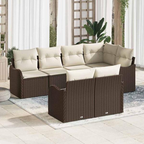ARDEBO.de - 7-teiliges Garten-Sofa-Set mit Kissen Braunes Poly-Rattan, 2-Sitzer Garten-Sofa mit Stauraum & Kissen Braunes Poly-Rattan