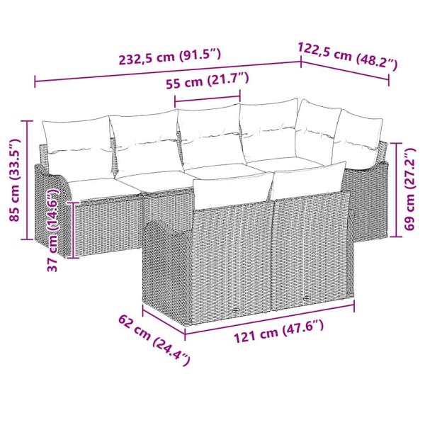 7-teiliges Garten-Sofa-Set mit Kissen Grau Poly Rattan, 2-Sitzer Garten-Sofa mit Stauraum & Kissen Grau Poly Rattan