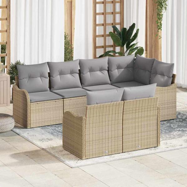 ARDEBO.de - 7-teiliges Garten Sofa Set mit Kissen Beige Poly Rattan, 2-Sitzer Garten Sofa mit Stauraum & Kissen Beige Poly Rattan