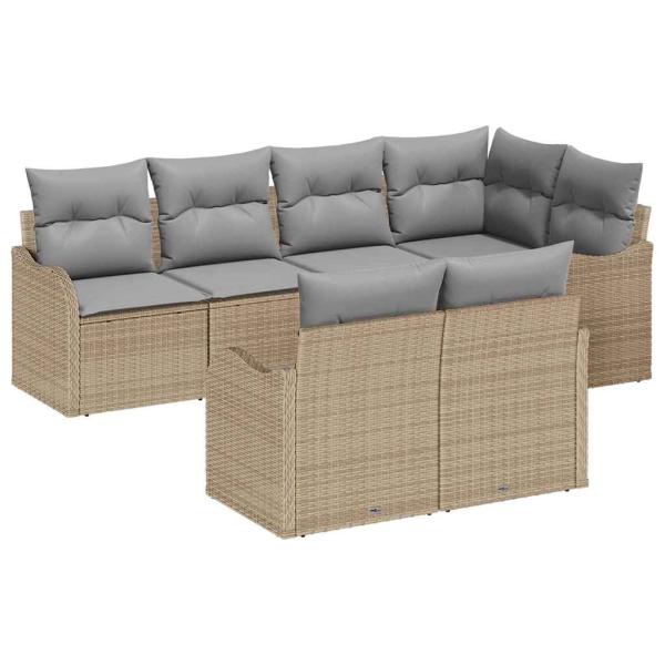 7-teiliges Garten Sofa Set mit Kissen Beige Poly Rattan, 2-Sitzer Garten Sofa mit Stauraum & Kissen Beige Poly Rattan
