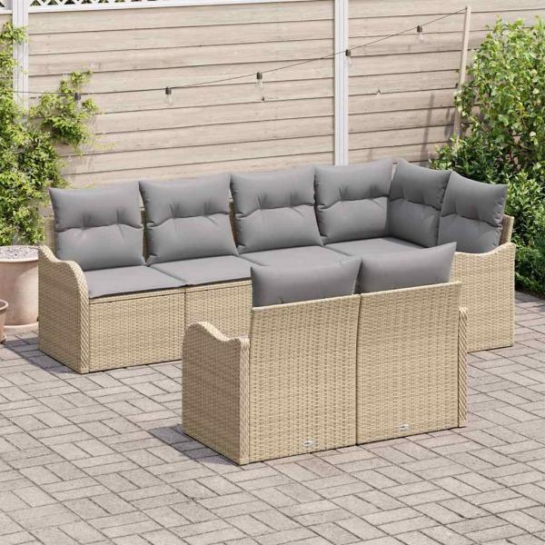 7-teiliges Garten Sofa Set mit Kissen Beige Poly Rattan, 2-Sitzer Garten Sofa mit Stauraum & Kissen Beige Poly Rattan