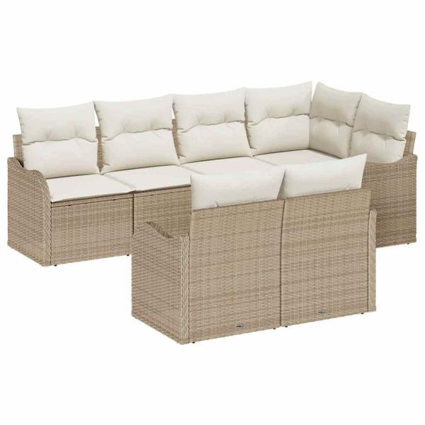 7-teiliges Garten-Sofa-Set mit Kissen beige Poly Rattan, 2-Sitzer Garten-Sofa mit Stauraum & Kissen beige Poly Rattan