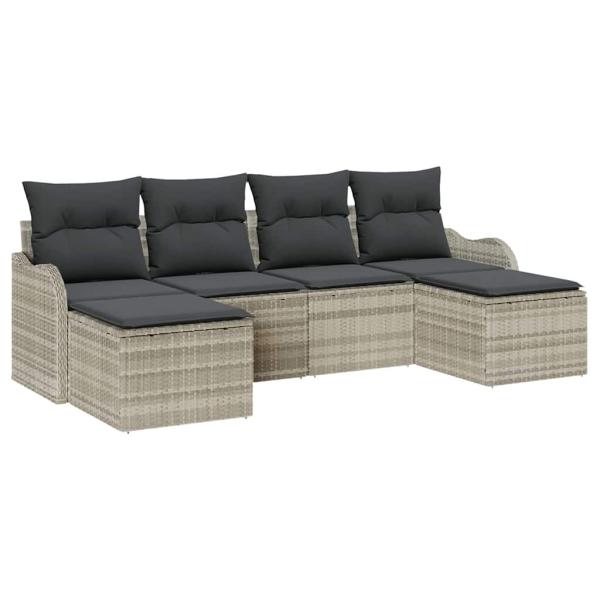 6-teiliges Garten Sofaset mit Kissen Hellgrau Poly Rattan, 2-Sitzer Garten Sofa mit Stauraum & Kissen Hellgrau Poly Rattan