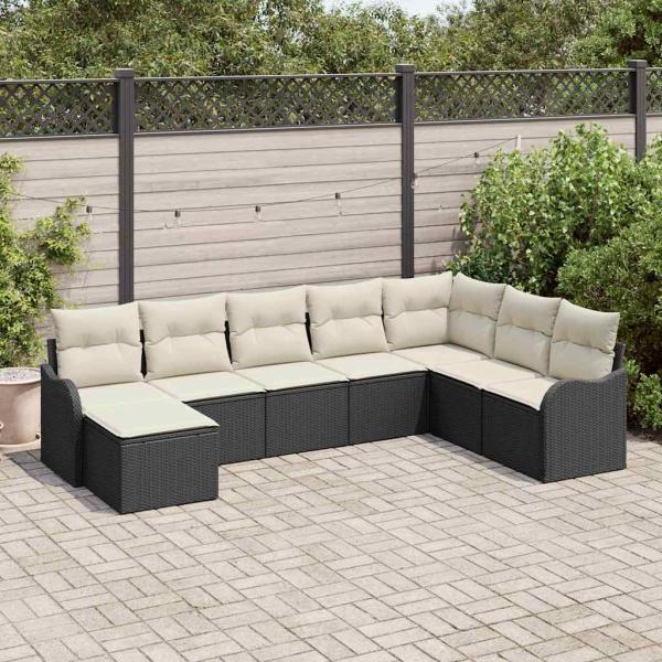ARDEBO.de - 8-teiliges Garten Sofa Set mit Kissen Schwarz Poly Rattan, 2-Sitzer Garten Sofa mit Stauraum & Kissen Schwarz Poly Rattan