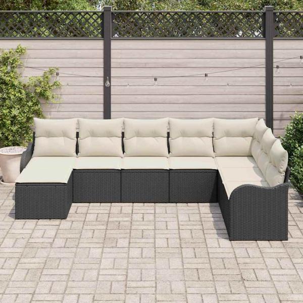 8-teiliges Garten Sofa Set mit Kissen Schwarz Poly Rattan, 2-Sitzer Garten Sofa mit Stauraum & Kissen Schwarz Poly Rattan