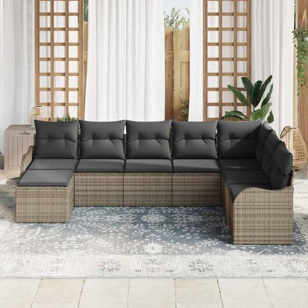 8-teiliges Garten-Sofa-Set mit Kissen Grau Poly Rattan, 2-Sitzer Garten-Sofa mit Stauraum & Kissen Grau Poly Rattan