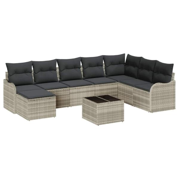 ARDEBO.de - 9 Teiliges Garten Sofa Set mit Kissen Grau Poly Rattan, 2-Sitzer Garten Sofa mit Stauraum & Kissen Hellgrau Poly Rattan