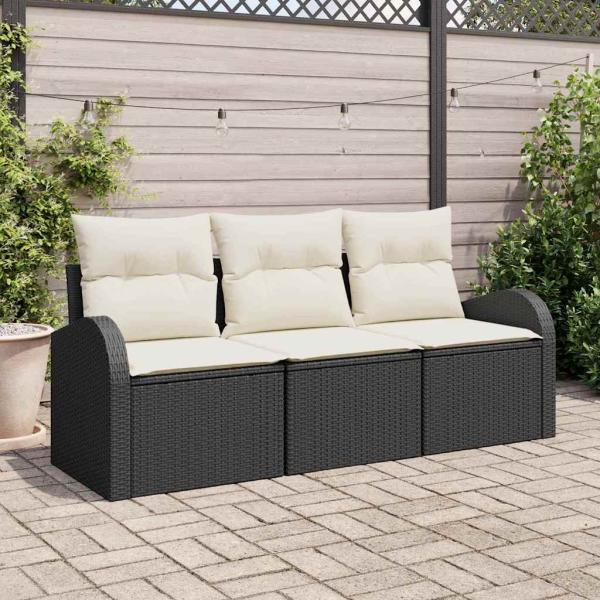 ARDEBO.de - 3-teiliges Garten Sofa Set mit Kissen Schwarz Poly Rattan, 2-Sitzer Garten Sofa mit Stauraum & Kissen Schwarz Poly Rattan
