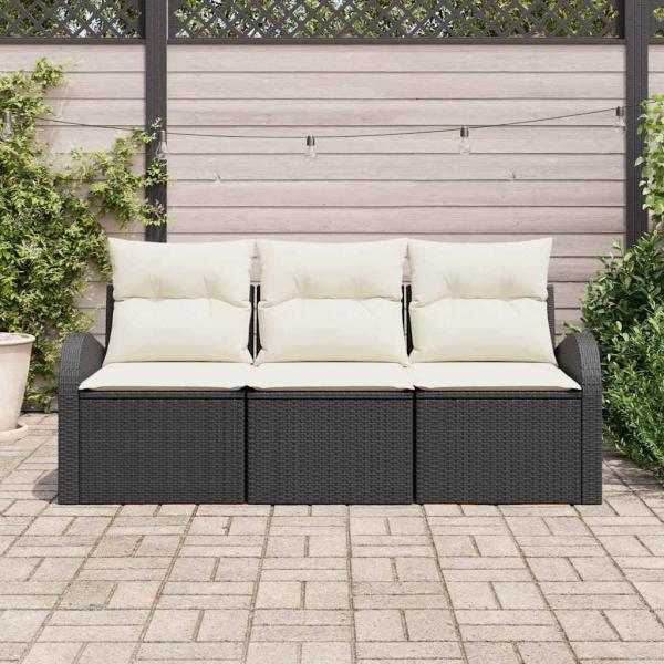 3-teiliges Garten Sofa Set mit Kissen Schwarz Poly Rattan, 2-Sitzer Garten Sofa mit Stauraum & Kissen Schwarz Poly Rattan