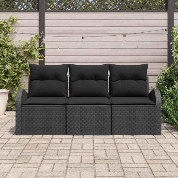 3-teiliges Garten-Sofa-Set mit Kissen Schwarz Poly Rattan, 2-Sitzer Garten-Sofa mit Stauraum & Kissen Schwarz Poly Rattan