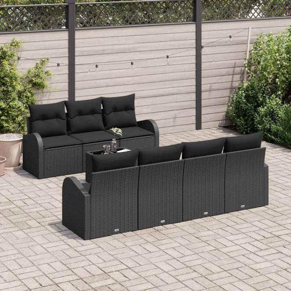 8-teiliges Garten Sofa Set mit Kissen Schwarz Poly Rattan, 2-Sitzer Garten Sofa mit Stauraum & Kissen Schwarz Poly Rattan