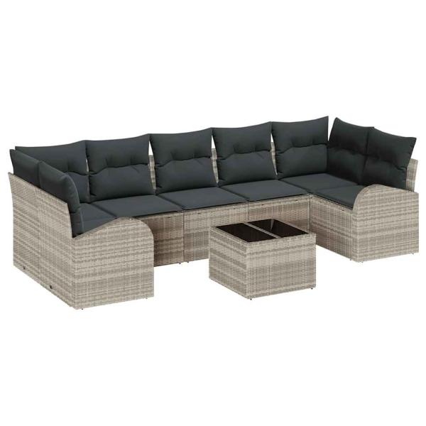 8-teiliges Garten-Sofa-Set mit Kissen Hellgrau Poly Rattan, 2-Sitzer Garten-Sofa mit Stauraum & Kissen Hellgrau Poly Rattan