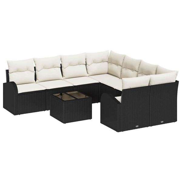 9-teiliges Garten-Sofa-Set mit Kissen Schwarz Poly Rattan, 2-Sitzer Garten Sofa mit Stauraum & Kissen Schwarz Poly Rattan