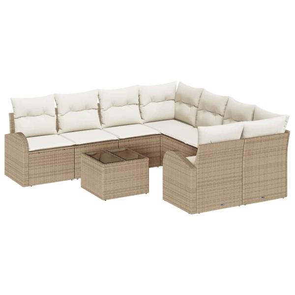 9-teiliges Garten Sofa Set mit Kissen Beige Poly Rattan, 2-Sitzer Garten Sofa mit Stauraum & Kissen Beige Poly Rattan
