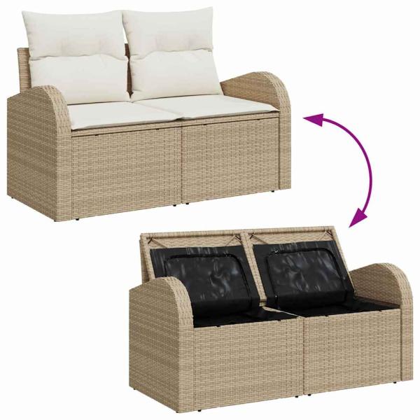 9-teiliges Garten Sofa Set mit Kissen Beige Poly Rattan, 2-Sitzer Garten Sofa mit Stauraum & Kissen Beige Poly Rattan