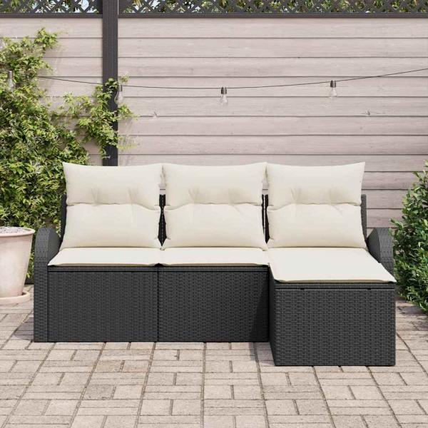 4-teiliges Garten Sofa Set mit Kissen schwarzes Poly Rattan, 2-Sitzer Garten Sofa mit Stauraum & Kissen schwarzes Poly Rattan