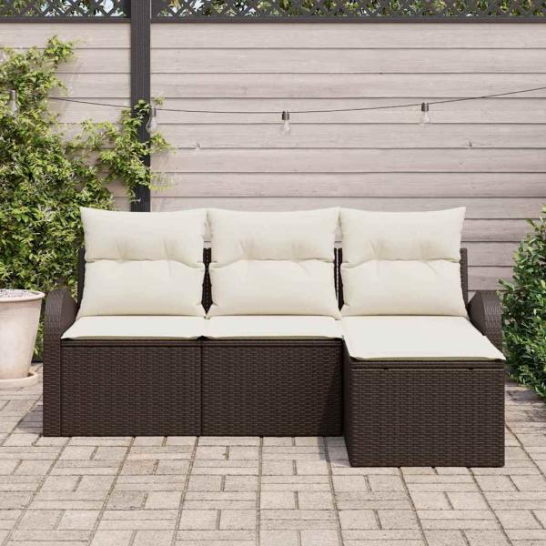 4-teiliges Garten Sofa Set mit Kissen Braun Poly Rattan, 2-Sitzer Garten Sofa mit Stauraum & Kissen Braun Poly Rattan