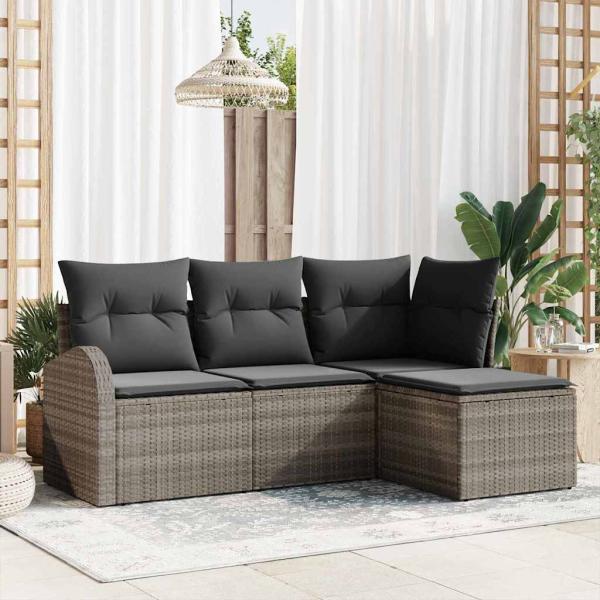 ARDEBO.de - 4-teiliges Garten Sofa Set mit Kissen Grau Poly Rattan, 2-Sitzer Garten Sofa mit Stauraum & Kissen Grau Poly Rattan