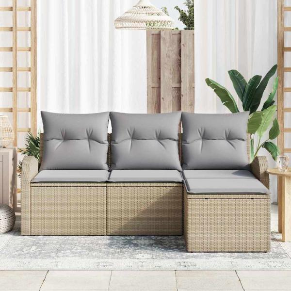 4-teiliges Garten-Sofa-Set mit Kissen Beige Poly Rattan, 2-Sitzer Garten-Sofa mit Stauraum & Kissen Beige Poly Rattan