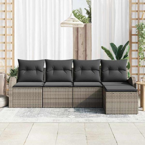 5-teiliges Garten Sofa Set mit Kissen Grau Poly Rattan, 2-Sitzer Garten Sofa mit Stauraum & Kissen Grau Poly Rattan