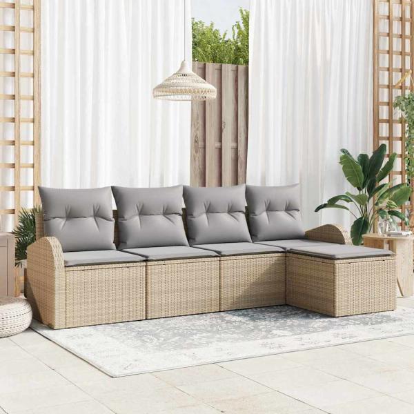 ARDEBO.de - 5-teiliges Garten Sofa Set mit Kissen Beige Poly Rattan, 2-Sitzer Garten Sofa mit Stauraum & Kissen Beige Poly Rattan