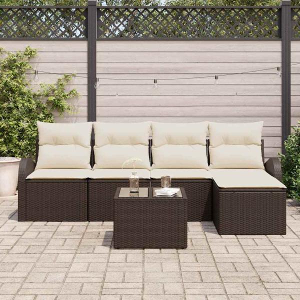 5-teiliges Garten Sofa Set mit Kissen Grau Poly Rattan, 2-Sitzer Garten Sofa mit Stauraum & Kissen Braun Poly Rattan