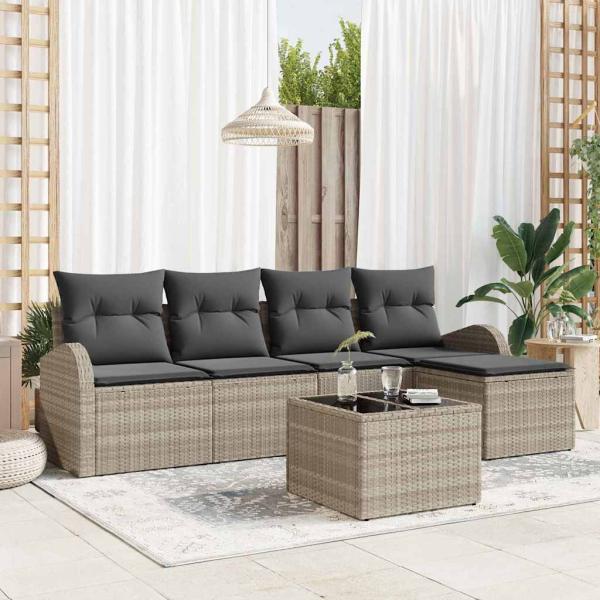 ARDEBO.de - 6-teiliges Garten-Sofa-Set mit Kissen Graues Poly-Rattan, 2-Sitzer Garten-Sofa mit Stauraum & Kissen Hellgraues Poly-Rattan