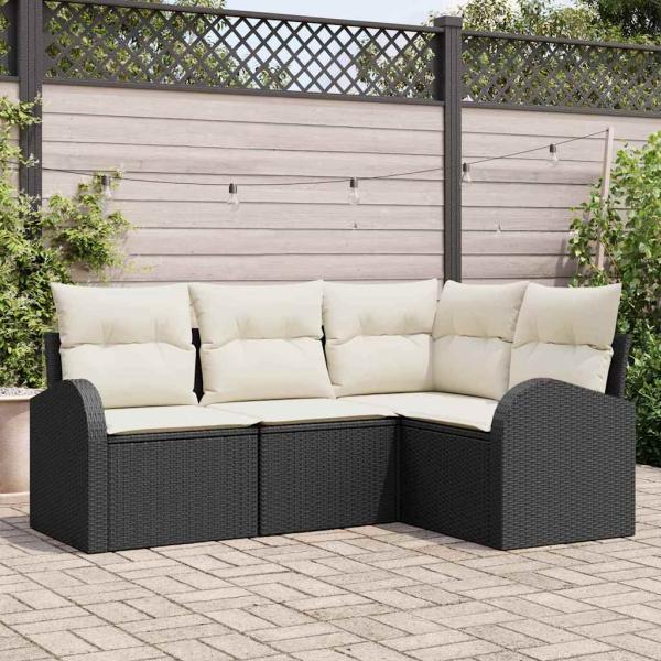 ARDEBO.de - 4-teiliges Garten Sofa Set mit Kissen Schwarz Poly Rattan, 2-Sitzer Garten Sofa mit Stauraum & Kissen Schwarz Poly Rattan