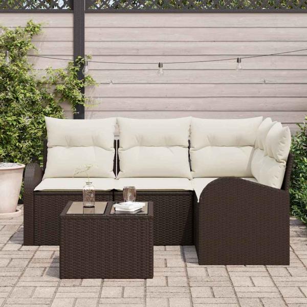 4-teiliges Garten Sofa Set mit Kissen Grau Poly Rattan, 2-Sitzer Garten Sofa mit Stauraum & Kissen Braun Poly Rattan