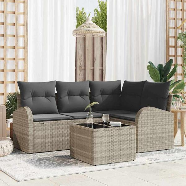 ARDEBO.de - 5-teiliges Garten Sofa Set mit Kissen Grau Poly Rattan, 2-Sitzer Garten Sofa mit Stauraum & Kissen Hellgrau Poly Rattan