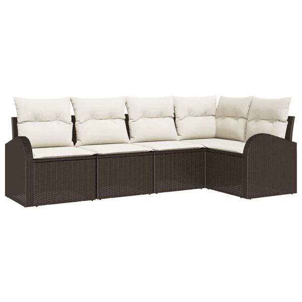 5-teiliges Garten-Sofa-Set mit Kissen Braun Poly Rattan, 2-Sitzer Garten-Sofa mit Stauraum & Kissen Braun Poly Rattan