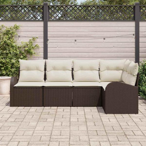 5-teiliges Garten-Sofa-Set mit Kissen Braun Poly Rattan, 2-Sitzer Garten-Sofa mit Stauraum & Kissen Braun Poly Rattan