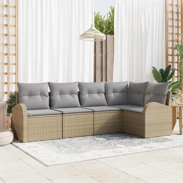 ARDEBO.de - 5-teiliges Garten Sofa Set mit Kissen Beige Poly Rattan, 2-Sitzer Garten Sofa mit Stauraum & Kissen Beige Poly Rattan