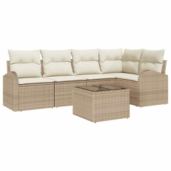 6-teiliges Garten Sofa Set mit Kissen Braun Poly Rattan, 2-Sitzer Garten Sofa mit Stauraum & Kissen Beige Poly Rattan
