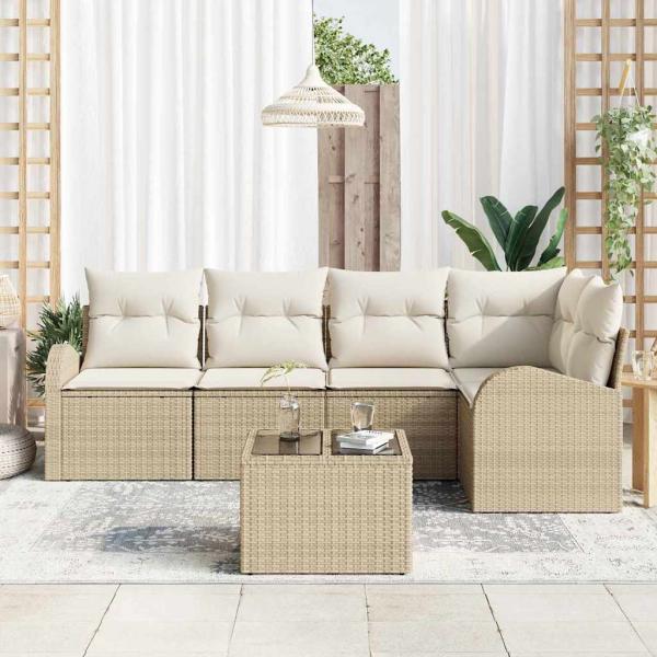 6-teiliges Garten Sofa Set mit Kissen Braun Poly Rattan, 2-Sitzer Garten Sofa mit Stauraum & Kissen Beige Poly Rattan