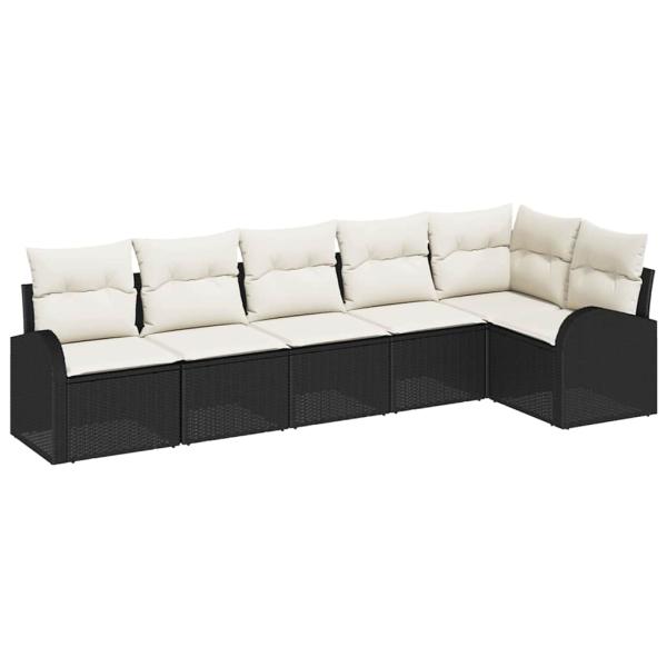 6-teiliges Garten-Sofa-Set mit Kissen Schwarz Poly Rattan, 2-Sitzer Garten-Sofa mit Stauraum & Kissen Schwarz Poly Rattan
