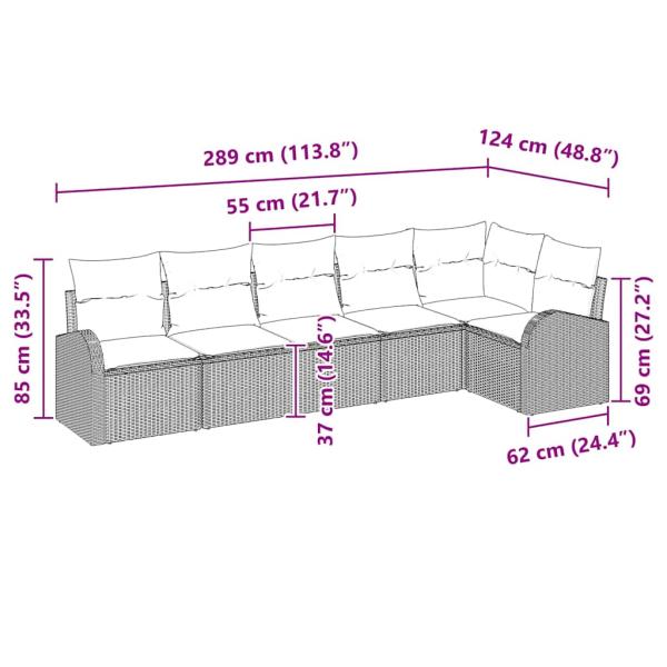 6-teiliges Garten Sofa Set mit Kissen Grau Poly Rattan, 2-Sitzer Garten Sofa mit Stauraum & Kissen Grau Poly Rattan