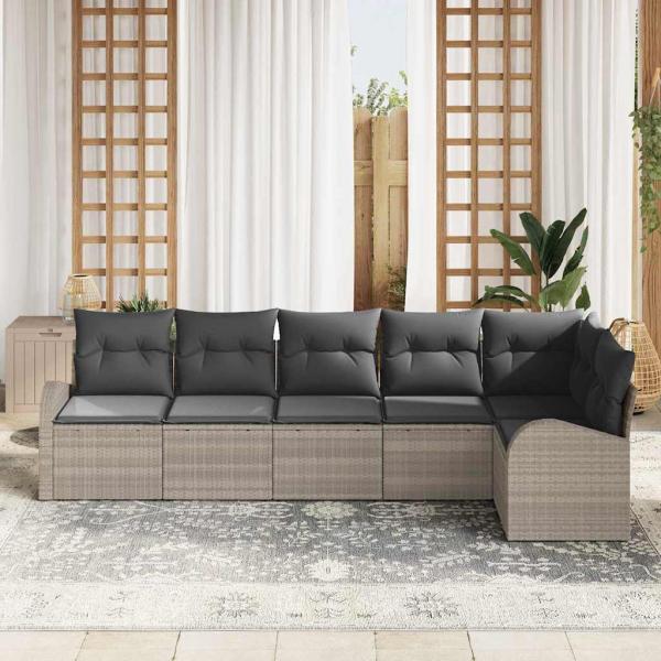6-teiliges Garten-Sofa-Set mit Kissen Hellgraues Poly-Rattan, 2-Sitzer Garten-Sofa mit Stauraum & Kissen Hellgraues Poly-Rattan