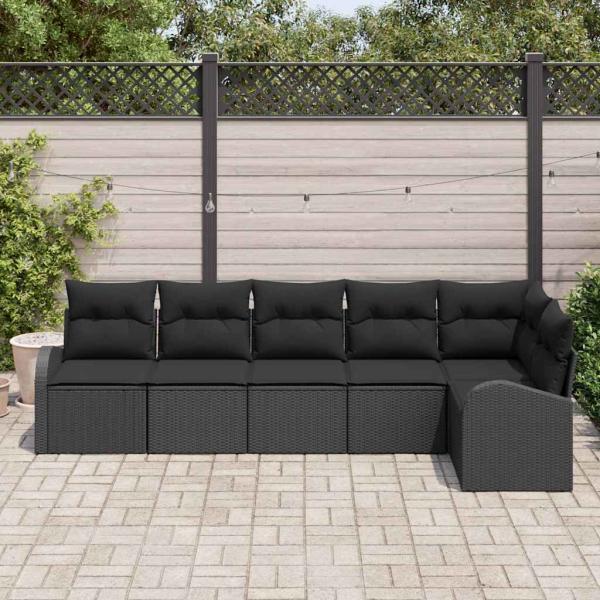6-teiliges Garten Sofa Set mit Kissen aus schwarzem Poly Rattan, 2-Sitzer Garten Sofa mit Stauraum & Kissen aus schwarzem Poly Rattan