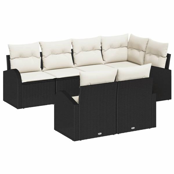 7-teiliges Garten Sofa Set mit Kissen Schwarz Poly Rattan, 2-Sitzer Garten Sofa mit Stauraum & Kissen Schwarz Poly Rattan