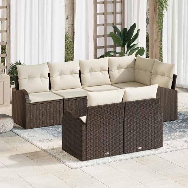 ARDEBO.de - 7-teiliges Garten-Sofa-Set mit Kissen Braun Poly-Rattan, 2-Sitzer Garten-Sofa mit Stauraum & Kissen Braun Poly-Rattan