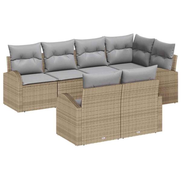 ARDEBO.de - 7-teiliges Garten Sofa Set mit Kissen Beige Poly Rattan, 2-Sitzer Garten Sofa mit Stauraum & Kissen Beige Poly Rattan