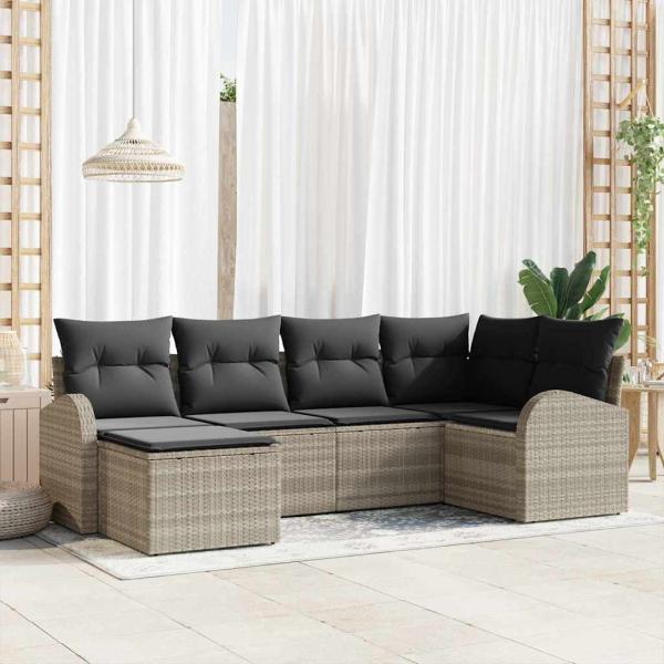 ARDEBO.de - 6-teiliges Garten Sofa Set mit Kissen Hellgrau Poly Rattan, 2-Sitzer Garten Sofa mit Stauraum & Kissen Hellgrau Poly Rattan